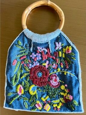 Embroidered Floral Denim Tote with Bamboo Handles, 5 by 7 fabric pouch